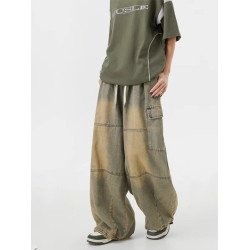 美式高街黃泥染牛仔褲男春秋新款oversize寬松多口袋工裝直筒長褲