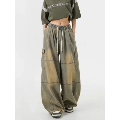 美式高街黃泥染牛仔褲男春秋新款oversize寬松多口袋工裝直筒長褲 美式高街黃泥染牛仔褲男春秋新款oversize寬松多口袋工裝直筒長褲