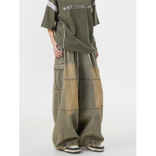 美式高街黃泥染牛仔褲男春秋新款oversize寬松多口袋工裝直筒長褲 美式高街黃泥染牛仔褲男春秋新款oversize寬松多口袋工裝直筒長褲