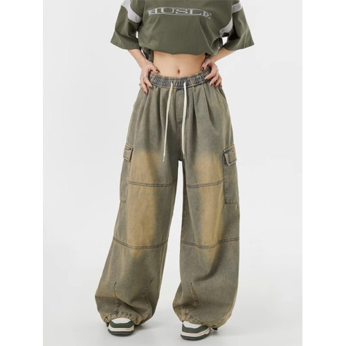 美式高街黃泥染牛仔褲男春秋新款oversize寬松多口袋工裝直筒長褲 美式高街黃泥染牛仔褲男春秋新款oversize寬松多口袋工裝直筒長褲