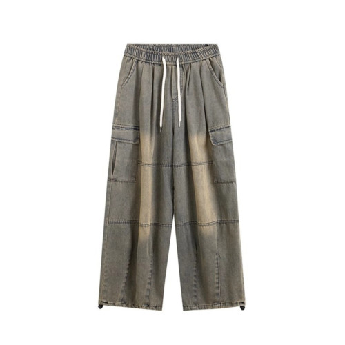 美式高街黃泥染牛仔褲男春秋新款oversize寬松多口袋工裝直筒長褲 美式高街黃泥染牛仔褲男春秋新款oversize寬松多口袋工裝直筒長褲