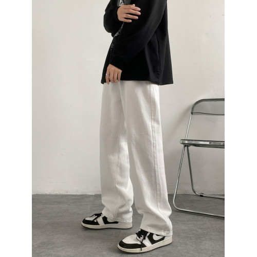 牛仔褲男寬松直筒白色休閒長褲加絨墜感濶腿褲子男冬季高街拖地褲 牛仔褲男寬松直筒白色休閒長褲加絨墜感濶腿褲子男冬季高街拖地褲