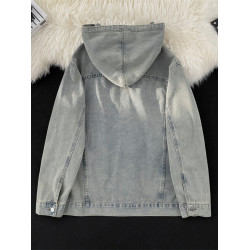 春秋季水洗牛仔夾克男士寬松連帽工裝上衣hiphop美式復古潮牌外套