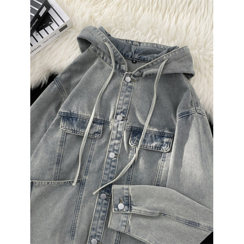 春秋季水洗牛仔夾克男士寬松連帽工裝上衣hiphop美式復古潮牌外套 春秋季水洗牛仔夾克男士寬松連帽工裝上衣hiphop美式復古潮牌外套