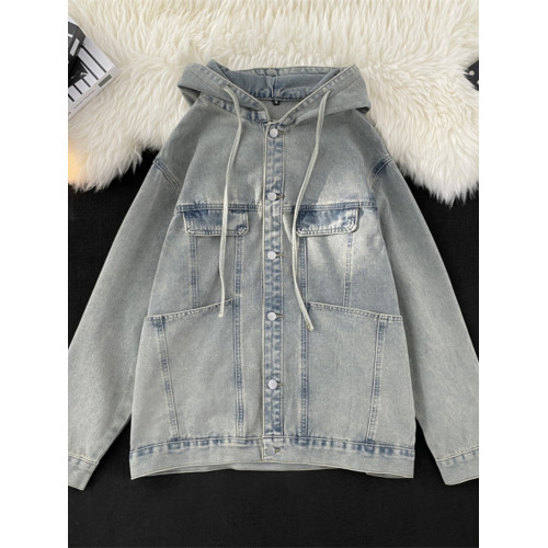 春秋季水洗牛仔夾克男士寬松連帽工裝上衣hiphop美式復古潮牌外套 春秋季水洗牛仔夾克男士寬松連帽工裝上衣hiphop美式復古潮牌外套