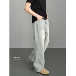 2025新季美式復古cleanfit淺色牛仔褲男直筒寬松做舊水洗垂感長褲