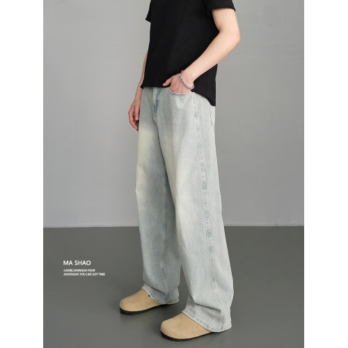 2025新季美式復古cleanfit淺色牛仔褲男直筒寬松做舊水洗垂感長褲 2025新季美式復古cleanfit淺色牛仔褲男直筒寬松做舊水洗垂感長褲