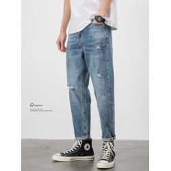 水洗淺色牛仔褲男寬松直筒破洞休閒潮牌九分褲子錐形長褲彈力秋季