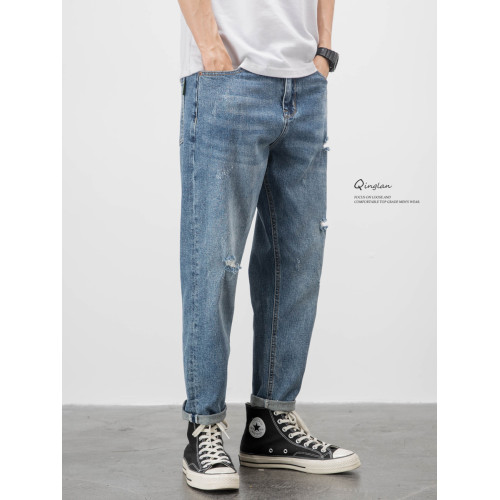 水洗淺色牛仔褲男寬松直筒破洞休閒潮牌九分褲子錐形長褲彈力秋季 水洗淺色牛仔褲男寬松直筒破洞休閒潮牌九分褲子錐形長褲彈力秋季