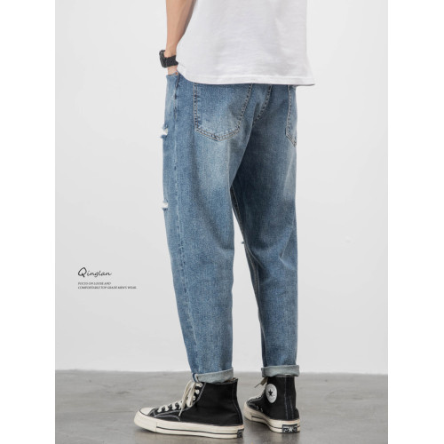 水洗淺色牛仔褲男寬松直筒破洞休閒潮牌九分褲子錐形長褲彈力秋季 水洗淺色牛仔褲男寬松直筒破洞休閒潮牌九分褲子錐形長褲彈力秋季