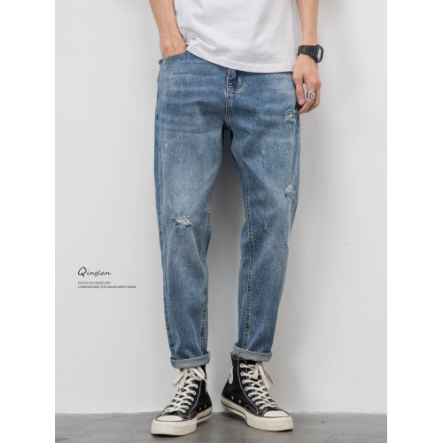 水洗淺色牛仔褲男寬松直筒破洞休閒潮牌九分褲子錐形長褲彈力秋季 水洗淺色牛仔褲男寬松直筒破洞休閒潮牌九分褲子錐形長褲彈力秋季