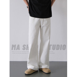 純棉白色牛仔褲男2025新款潮牌寬松直筒水洗加絨加厚濶腿拖地長褲