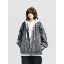 阿於呆秋冬日系假兩件水洗連帽牛仔外套男寬松休閒情侶工裝夾克女