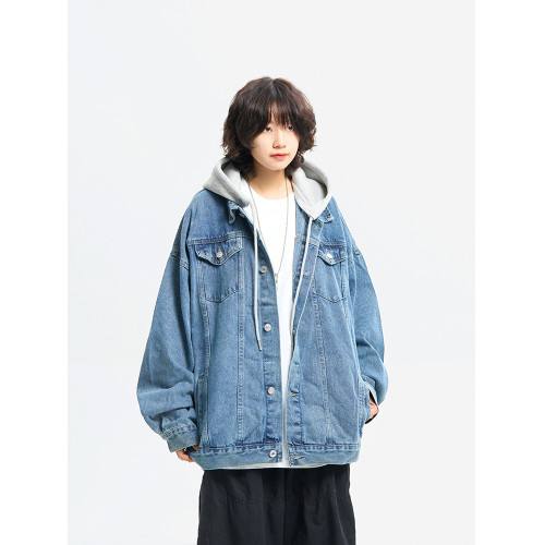 阿於呆秋冬日系假兩件水洗連帽牛仔外套男寬松休閒情侶工裝夾克女 阿於呆秋冬日系假兩件水洗連帽牛仔外套男寬松休閒情侶工裝夾克女