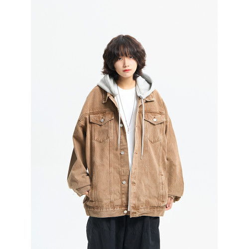 阿於呆秋冬日系假兩件水洗連帽牛仔外套男寬松休閒情侶工裝夾克女 阿於呆秋冬日系假兩件水洗連帽牛仔外套男寬松休閒情侶工裝夾克女