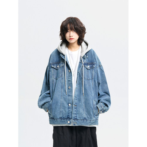 阿於呆秋冬日系假兩件水洗連帽牛仔外套男寬松休閒情侶工裝夾克女 阿於呆秋冬日系假兩件水洗連帽牛仔外套男寬松休閒情侶工裝夾克女
