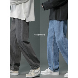 美式復古牛仔褲子男新款港風ins純色潮牌寬松濶腿基礎百搭直筒褲