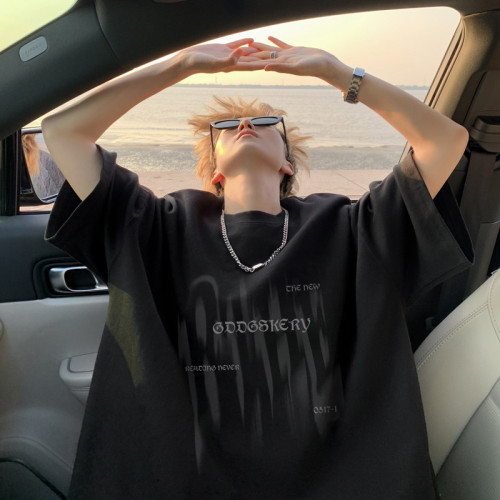 夏季冰絲涼感短袖T恤男寬松圓領半袖漸變字母體恤情侶打底衫潮流