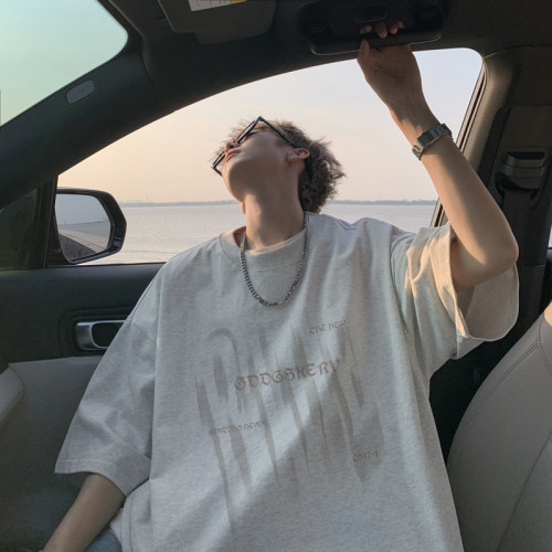 夏季冰絲涼感短袖T恤男寬松圓領半袖漸變字母體恤情侶打底衫潮流