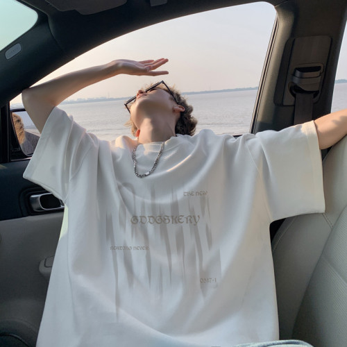 夏季冰絲涼感短袖T恤男寬松圓領半袖漸變字母體恤情侶打底衫潮流