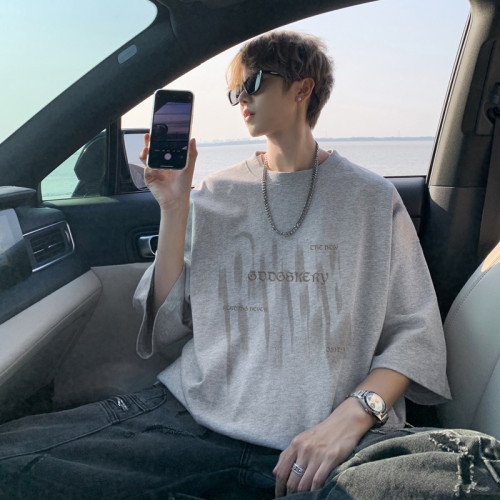 夏季冰絲涼感短袖T恤男寬松圓領半袖漸變字母體恤情侶打底衫潮流