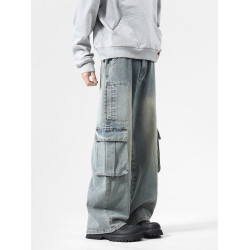 大口袋工裝牛仔褲男潮牌新款寬松濶腿水洗復古高街美式拖地長褲子