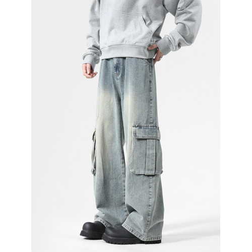 大口袋工裝牛仔褲男潮牌新款寬松濶腿水洗復古高街美式拖地長褲子