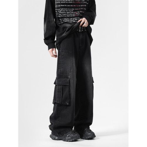 大口袋工裝牛仔褲男潮牌新款寬松濶腿水洗復古高街美式拖地長褲子