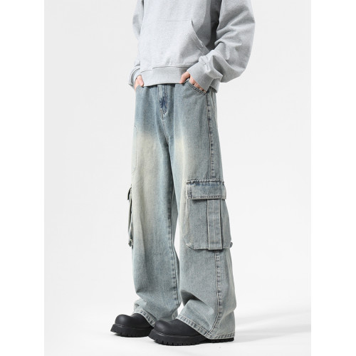 大口袋工裝牛仔褲男潮牌新款寬松濶腿水洗復古高街美式拖地長褲子