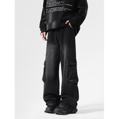 大口袋工裝牛仔褲男潮牌新款寬松濶腿水洗復古高街美式拖地長褲子