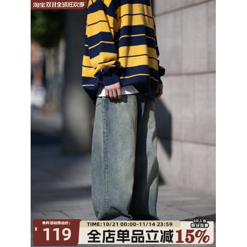 BELLKENIDEA早起工作室23AW水洗牛仔褲男廓形寬松直筒復古流行潮 BELLKENIDEA早起工作室23AW水洗牛仔褲男廓形寬松直筒復古流行潮