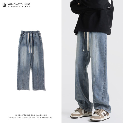 悟空有貨美式街頭做舊抽繩松緊腰牛仔褲男女潮牌寬松直筒百搭長褲 悟空有貨美式街頭做舊抽繩松緊腰牛仔褲男女潮牌寬松直筒百搭長褲