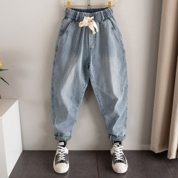 特大碼300斤九分牛仔褲男秋季薄款潮流寬松卷邊小腳哈倫褲休閒褲