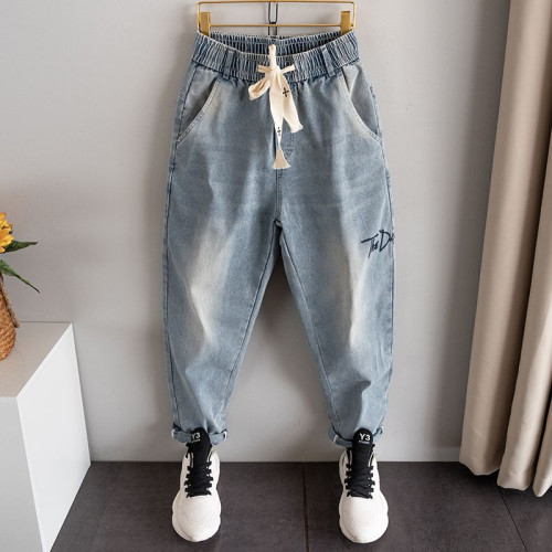 特大碼300斤九分牛仔褲男秋季薄款潮流寬松卷邊小腳哈倫褲休閒褲 特大碼300斤九分牛仔褲男秋季薄款潮流寬松卷邊小腳哈倫褲休閒褲