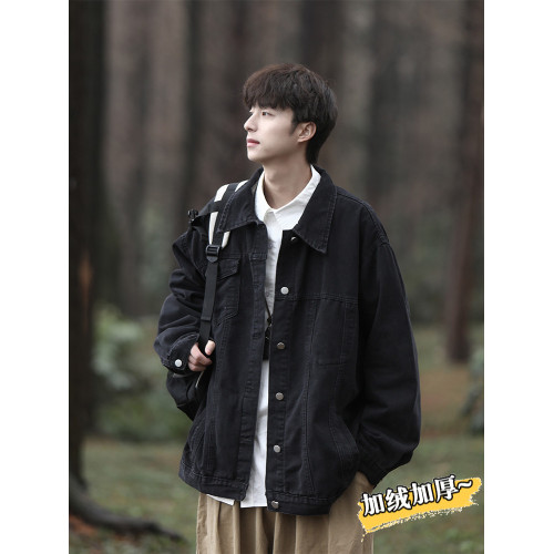 黑色牛仔外套男款冬季加絨日系cityboy潮牌寬松復古痞帥工裝夾克 黑色牛仔外套男款冬季加絨日系cityboy潮牌寬松復古痞帥工裝夾克
