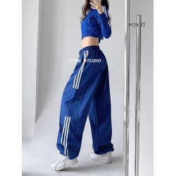 美式工裝褲女小個子jazz舞復古潮牌直筒濶腿休閒褲寬松條紋運動褲