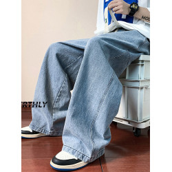 V37美式cleanfit淺藍色水洗牛仔褲男款秋季潮牌街頭寬松濶腿褲子