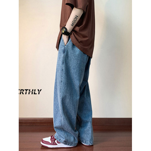 V37美式cleanfit淺藍色水洗牛仔褲男款秋季潮牌街頭寬松濶腿褲子 V37美式cleanfit淺藍色水洗牛仔褲男款秋季潮牌街頭寬松濶腿褲子