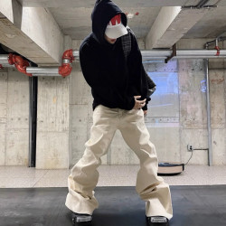 RO風小衆暗黑高彈力拖地米白色磨毛喇叭牛仔褲男潮牌顯瘦濶腿褲子