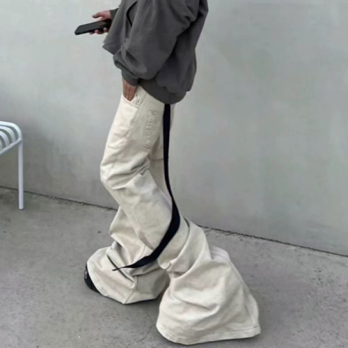 RO風小衆暗黑高彈力拖地米白色磨毛喇叭牛仔褲男潮牌顯瘦濶腿褲子 RO風小衆暗黑高彈力拖地米白色磨毛喇叭牛仔褲男潮牌顯瘦濶腿褲子