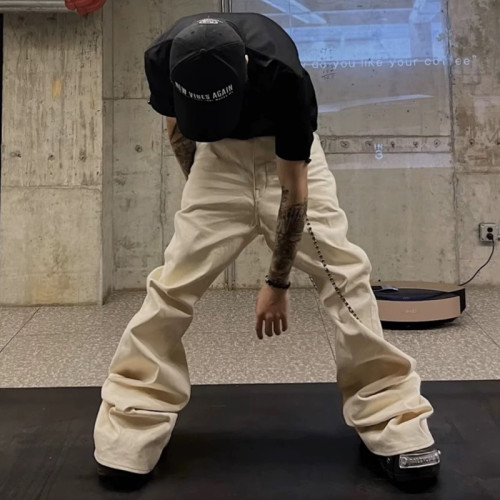 RO風小衆暗黑高彈力拖地米白色磨毛喇叭牛仔褲男潮牌顯瘦濶腿褲子 RO風小衆暗黑高彈力拖地米白色磨毛喇叭牛仔褲男潮牌顯瘦濶腿褲子