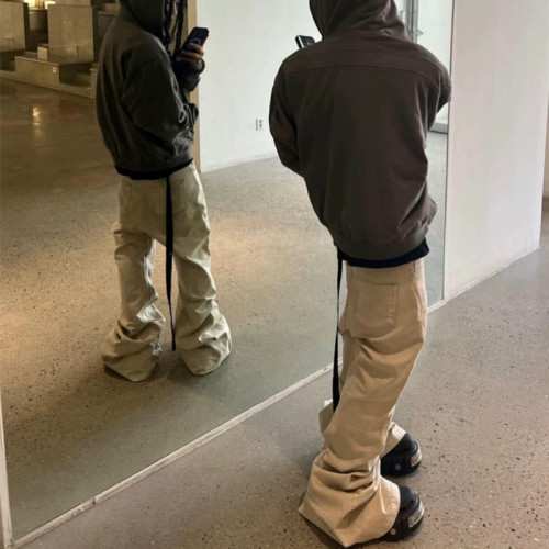 RO風小衆暗黑高彈力拖地米白色磨毛喇叭牛仔褲男潮牌顯瘦濶腿褲子 RO風小衆暗黑高彈力拖地米白色磨毛喇叭牛仔褲男潮牌顯瘦濶腿褲子