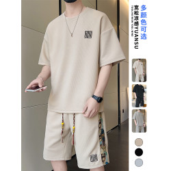 華夫格運動套裝男2025新款夏季男士大碼短袖短褲冰絲重磅休閒一套