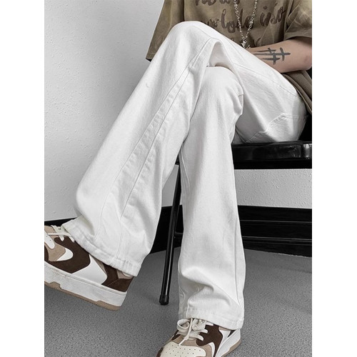 白色微喇牛仔褲男美式潮牌高街cIeanfit純色百搭修身直筒休閒長褲 白色微喇牛仔褲男美式潮牌高街cIeanfit純色百搭修身直筒休閒長褲