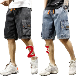 工裝牛仔短褲男夏季薄款寬松大碼休閒中褲直筒耐磨多口袋五分褲子