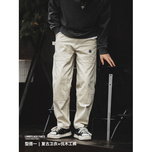 馬登工裝美式復古做舊寬松米白牛仔褲休閒直筒多口袋伐木工褲男秋 馬登工裝美式復古做舊寬松米白牛仔褲休閒直筒多口袋伐木工褲男秋