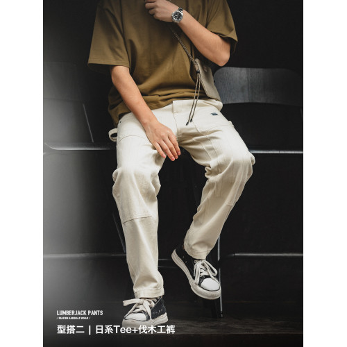 馬登工裝美式復古做舊寬松米白牛仔褲休閒直筒多口袋伐木工褲男秋 馬登工裝美式復古做舊寬松米白牛仔褲休閒直筒多口袋伐木工褲男秋