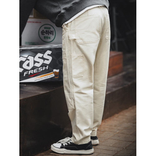 馬登工裝美式復古做舊寬松米白牛仔褲休閒直筒多口袋伐木工褲男秋 馬登工裝美式復古做舊寬松米白牛仔褲休閒直筒多口袋伐木工褲男秋