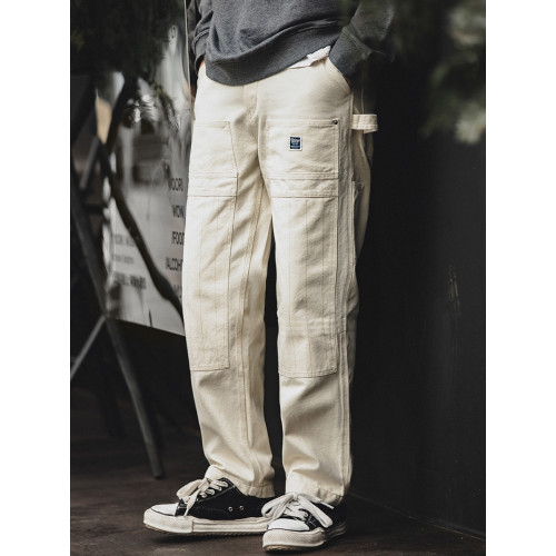 馬登工裝美式復古做舊寬松米白牛仔褲休閒直筒多口袋伐木工褲男秋 馬登工裝美式復古做舊寬松米白牛仔褲休閒直筒多口袋伐木工褲男秋