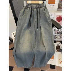 松緊腰牛仔褲男美式復古vintage褲子春秋季潮牌百搭寬松濶腿長褲